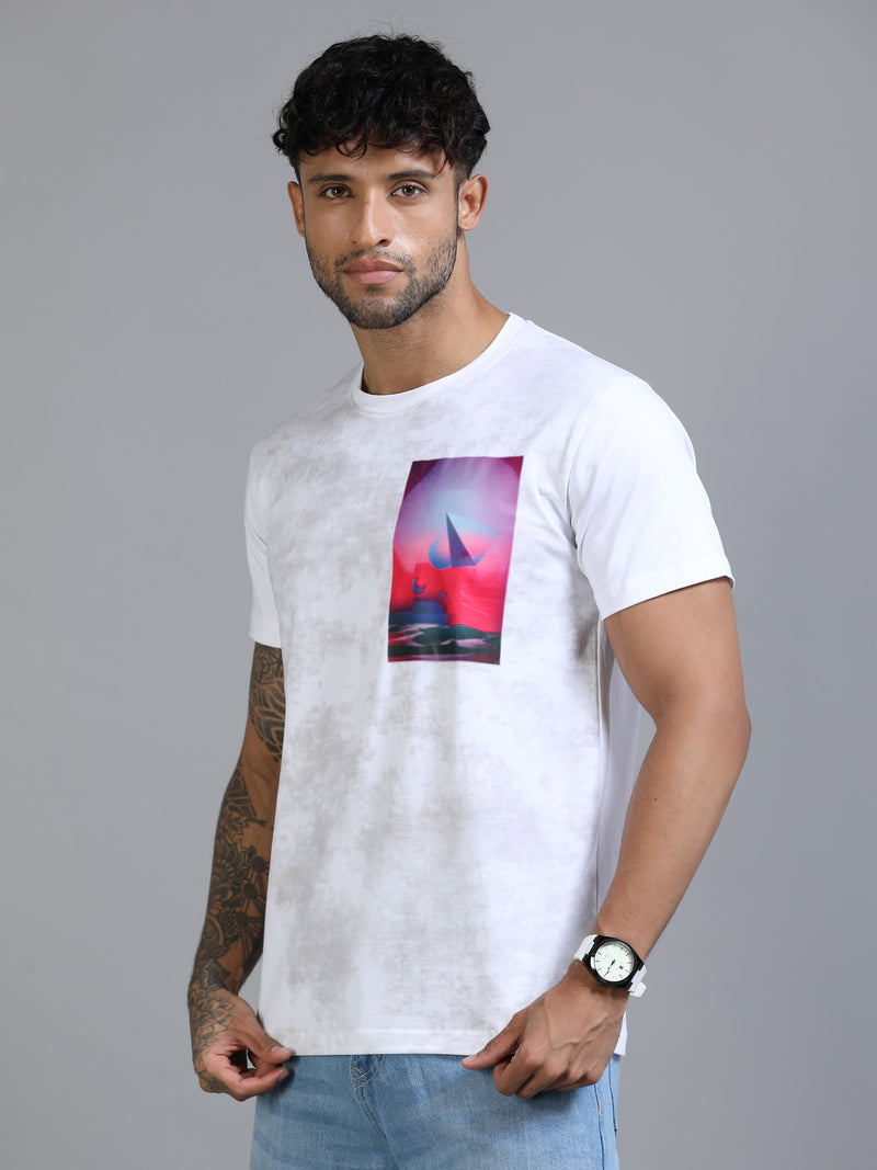 Men White Slim Fit Chest Printed Crew Neck T-Shirt