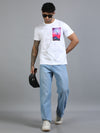 Men White Slim Fit Chest Printed Crew Neck T-Shirt
