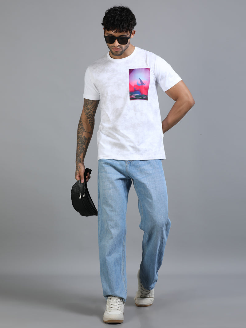 Men White Slim Fit Chest Printed Crew Neck T-Shirt