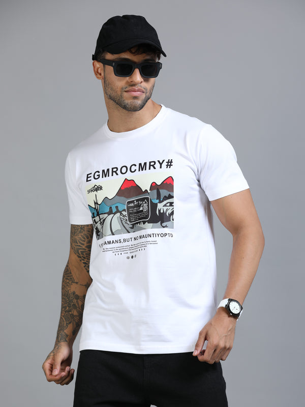 Men White Slim Fit Chest Prints Crew Neck T-Shirt