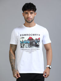 Men White Slim Fit Chest Prints Crew Neck T-Shirt