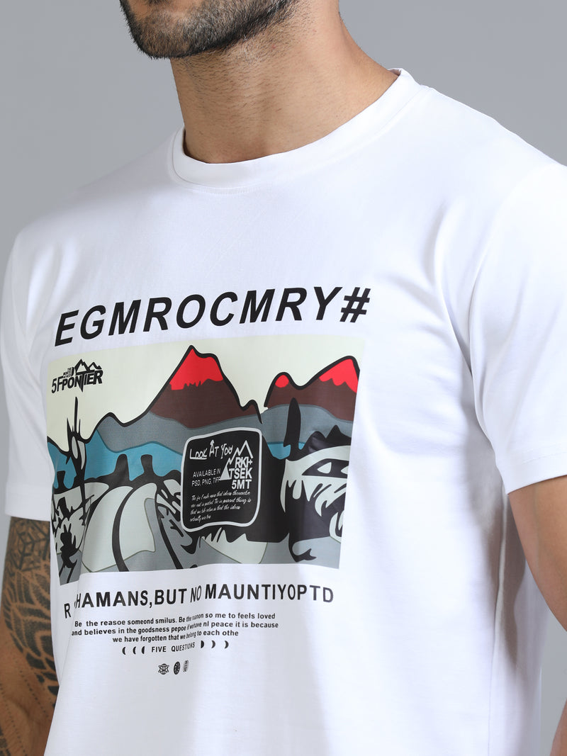 Men White Slim Fit Chest Prints Crew Neck T-Shirt