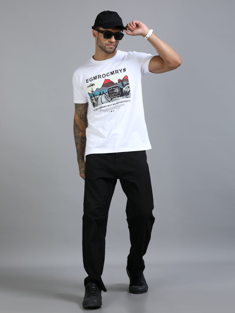 Men White Slim Fit Chest Prints Crew Neck T-Shirt