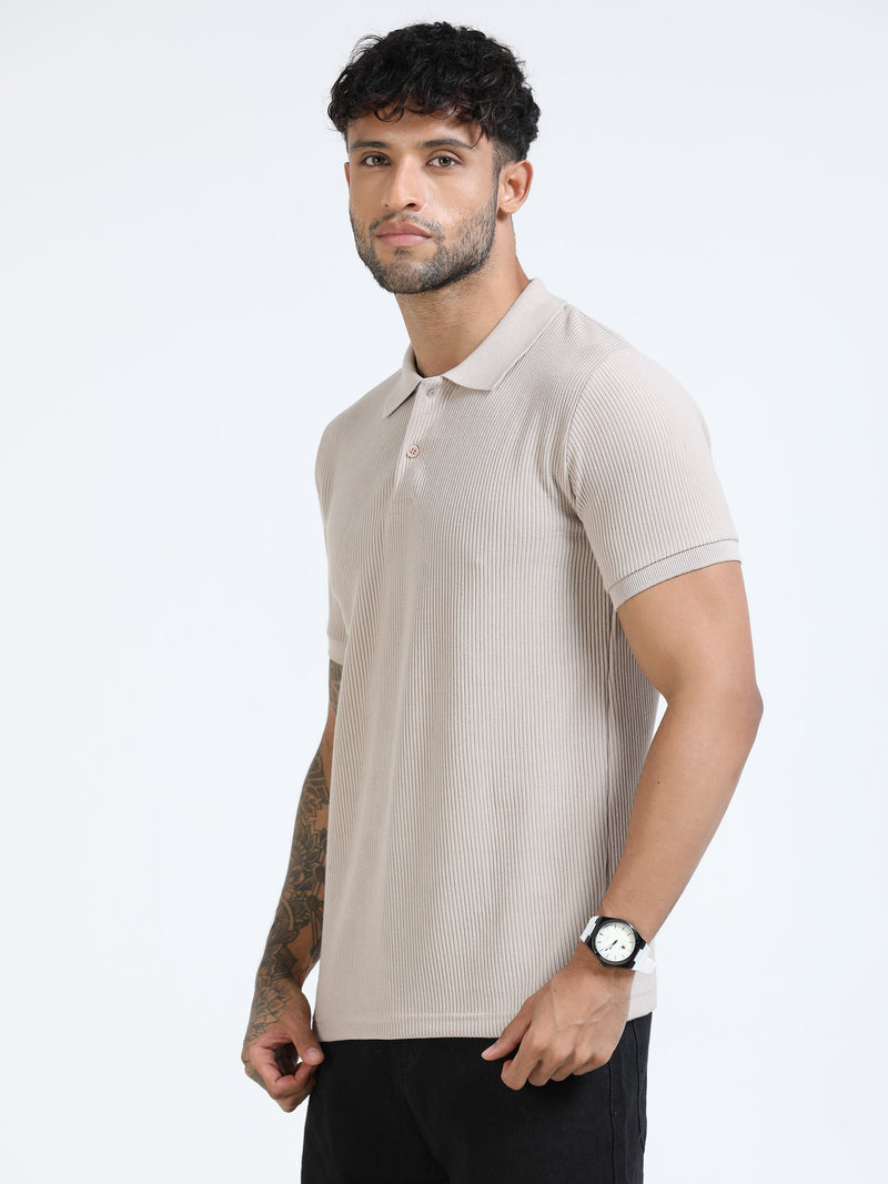 Men Cream Slim Fit Drop Needle Polo T-Shirt
