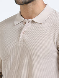 Men Cream Slim Fit Drop Needle Polo T-Shirt