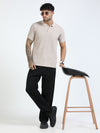 Men Cream Slim Fit Drop Needle Polo T-Shirt