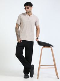 Men Cream Slim Fit Drop Needle Polo T-Shirt