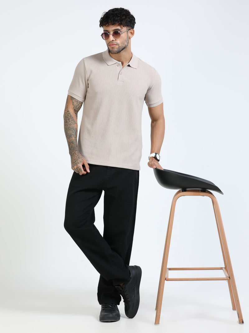 Men Cream Slim Fit Drop Needle Polo T-Shirt