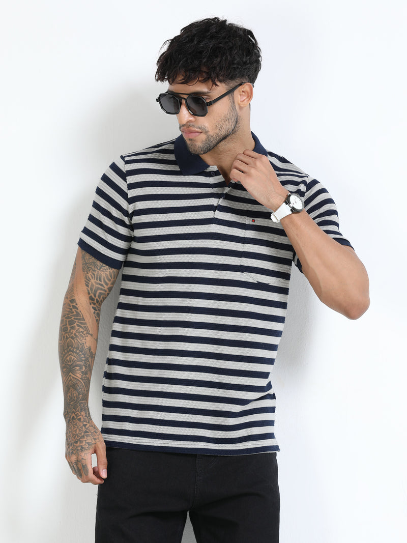 Men Navy Slim Fit Jacquard Stripes Polo T-Shirt