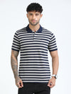 Men Navy Slim Fit Jacquard Stripes Polo T-Shirt