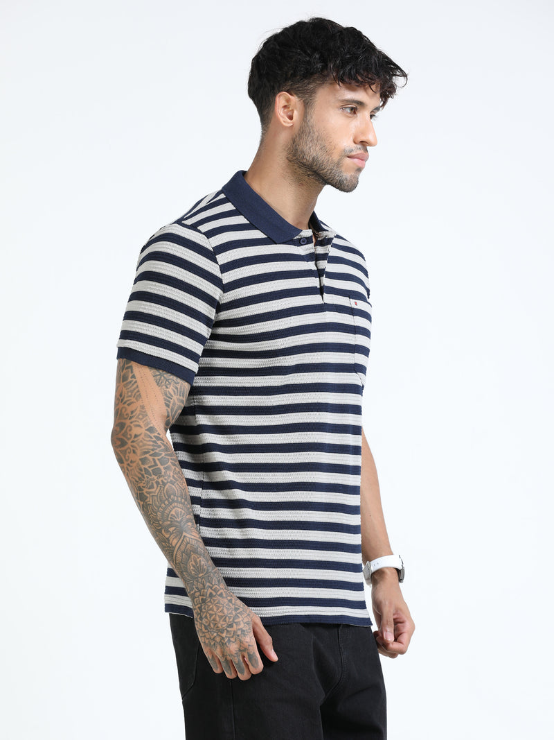 Men Navy Slim Fit Jacquard Stripes Polo T-Shirt