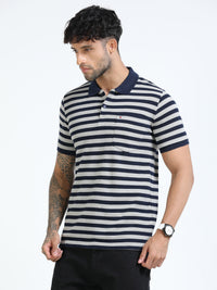 Men Navy Slim Fit Jacquard Stripes Polo T-Shirt