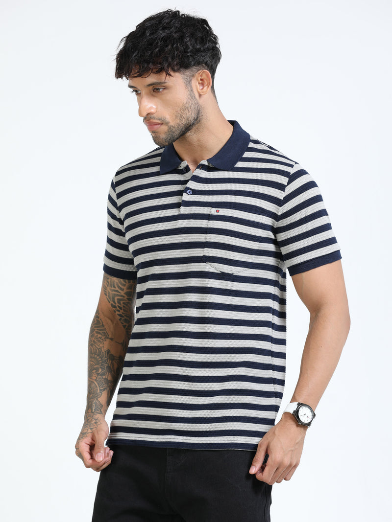 Men Navy Slim Fit Jacquard Stripes Polo T-Shirt