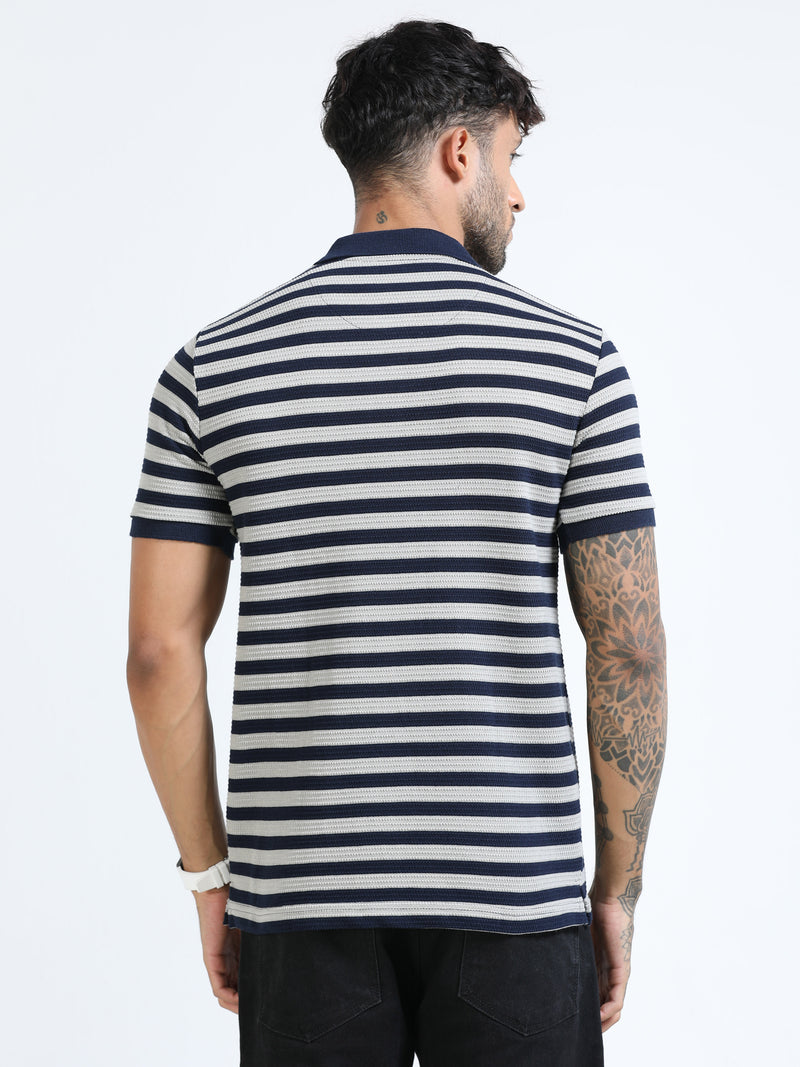 Men Navy Slim Fit Jacquard Stripes Polo T-Shirt
