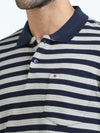 Men Navy Slim Fit Jacquard Stripes Polo T-Shirt