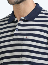 Men Navy Slim Fit Jacquard Stripes Polo T-Shirt