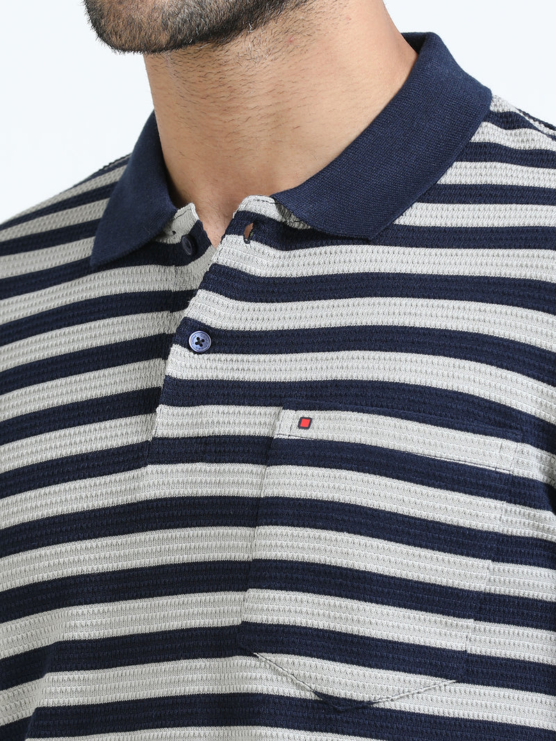 Men Navy Slim Fit Jacquard Stripes Polo T-Shirt
