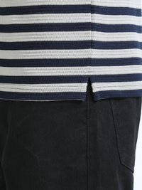 Men Navy Slim Fit Jacquard Stripes Polo T-Shirt