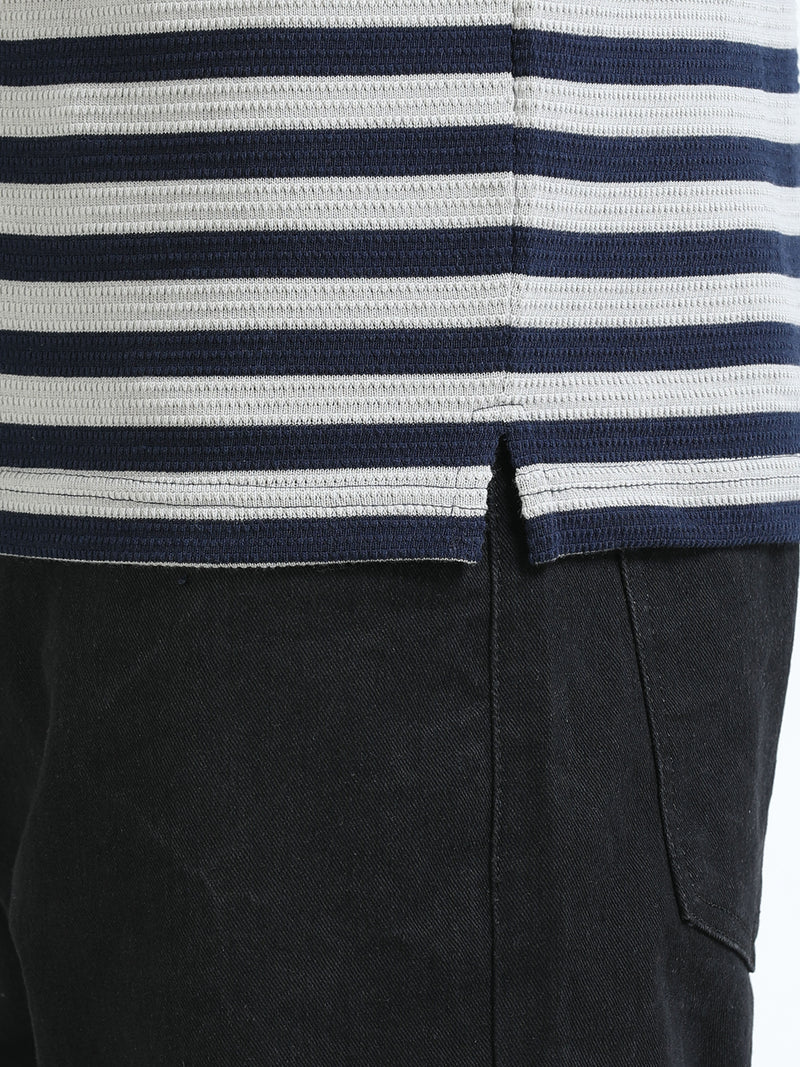 Men Navy Slim Fit Jacquard Stripes Polo T-Shirt