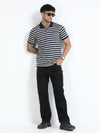 Men Navy Slim Fit Jacquard Stripes Polo T-Shirt