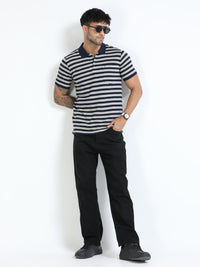 Men Navy Slim Fit Jacquard Stripes Polo T-Shirt