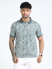 Men Green Slim Fit Floral Prints Polo T-Shirt