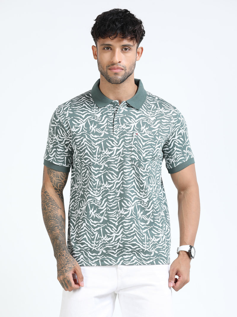 Men Green Slim Fit Floral Prints Polo T-Shirt