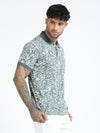 Men Green Slim Fit Floral Prints Polo T-Shirt