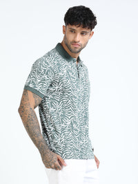 Men Green Slim Fit Floral Prints Polo T-Shirt