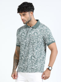 Men Green Slim Fit Floral Prints Polo T-Shirt