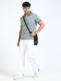 Men Green Slim Fit Floral Prints Polo T-Shirt