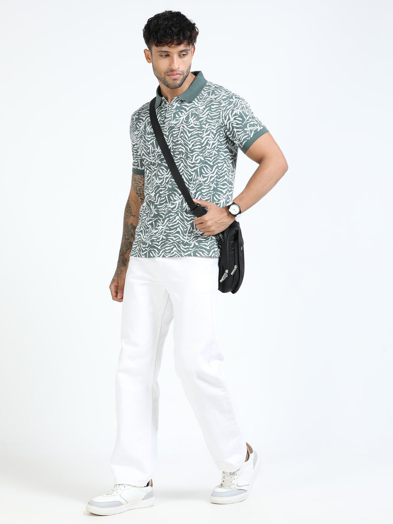Men Green Slim Fit Floral Prints Polo T-Shirt