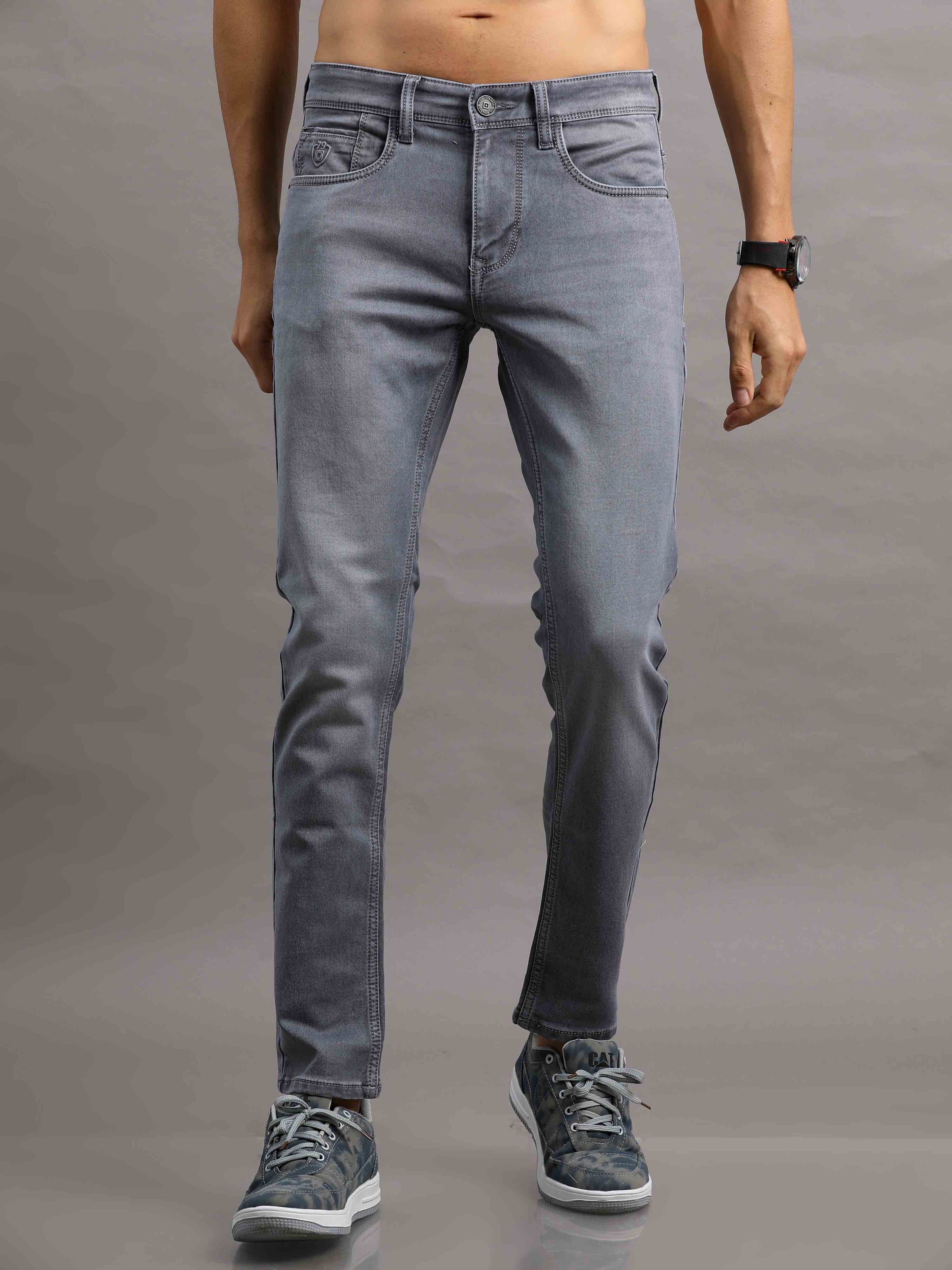 Shop Men's Grey Ankle fit Cotton Blend Denim Jeans Online Cool