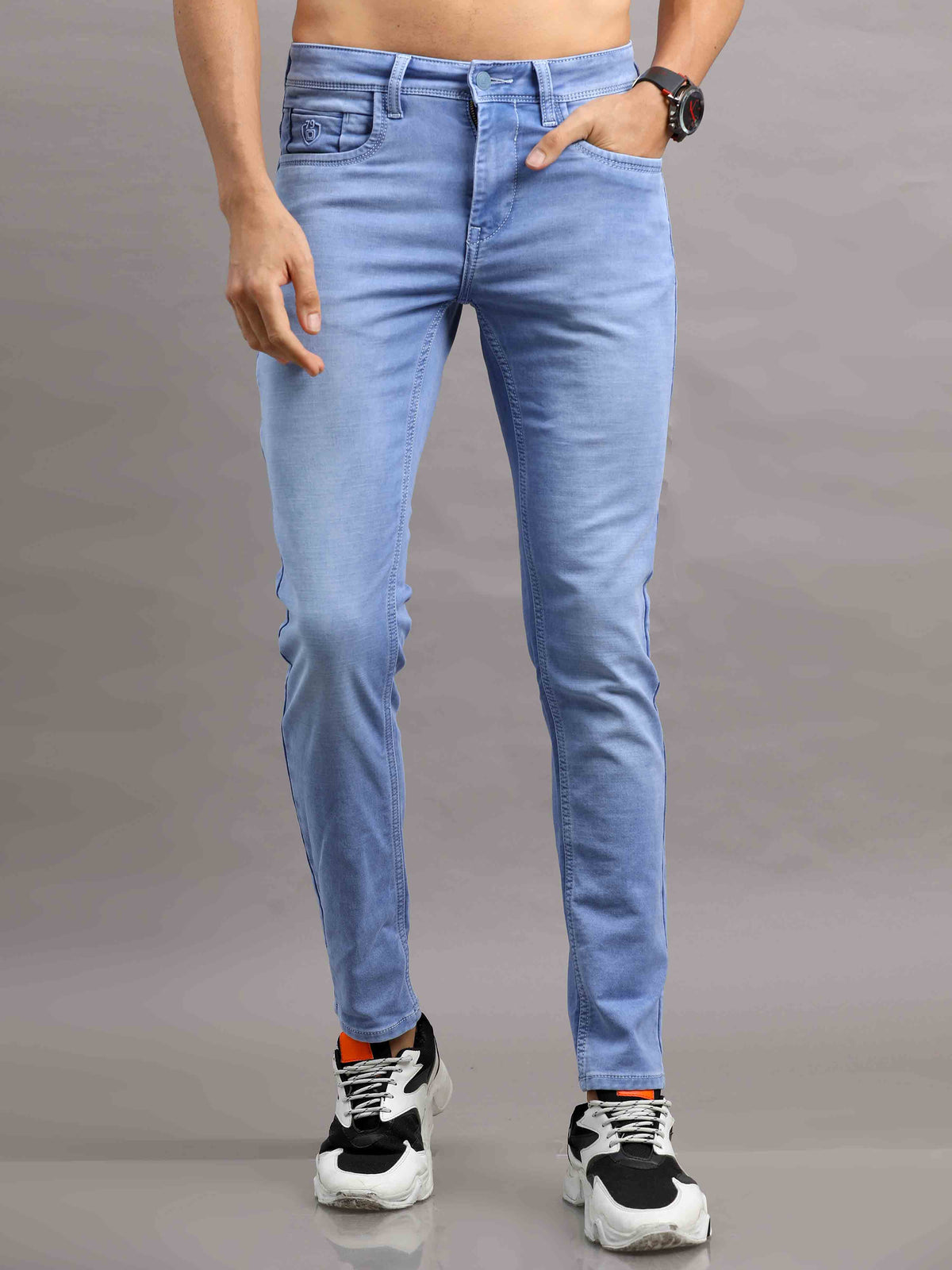 Shop Men's Frost Blue Ankle fit Cotton Blend Denim Jeans Online.