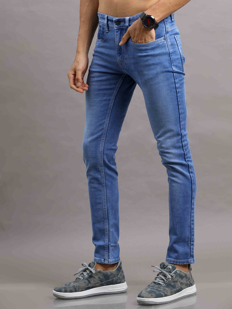 Shop Men's Blue Ankle fit Cotton Blend Denim Jeans Online.