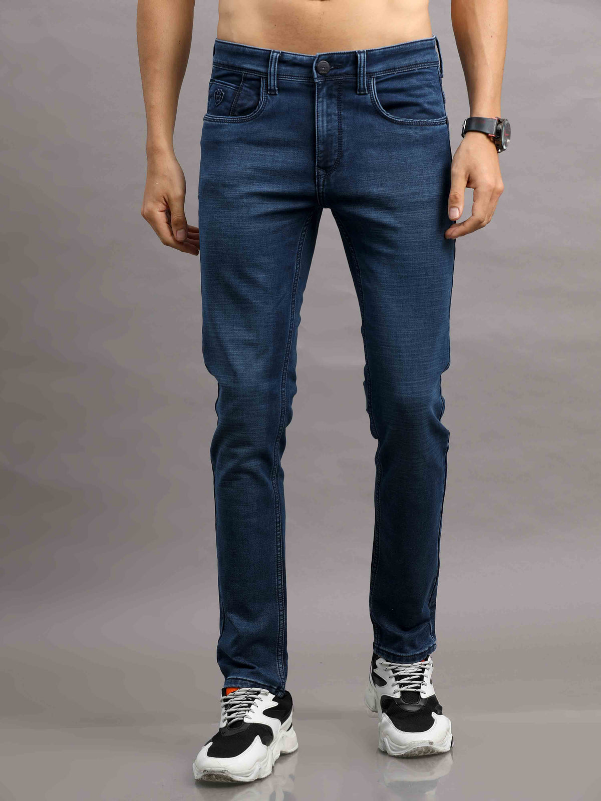 Shop Men's Indigo Blue Ankle fit Cotton Blend Denim Jeans Online.