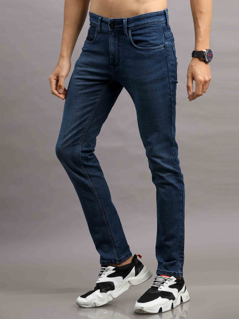 Shop Men's Indigo Blue Ankle fit Cotton Blend Denim Jeans Online.