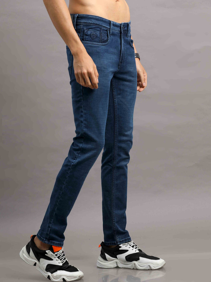 Shop Men's Indigo Blue Ankle fit Cotton Blend Denim Jeans Online.