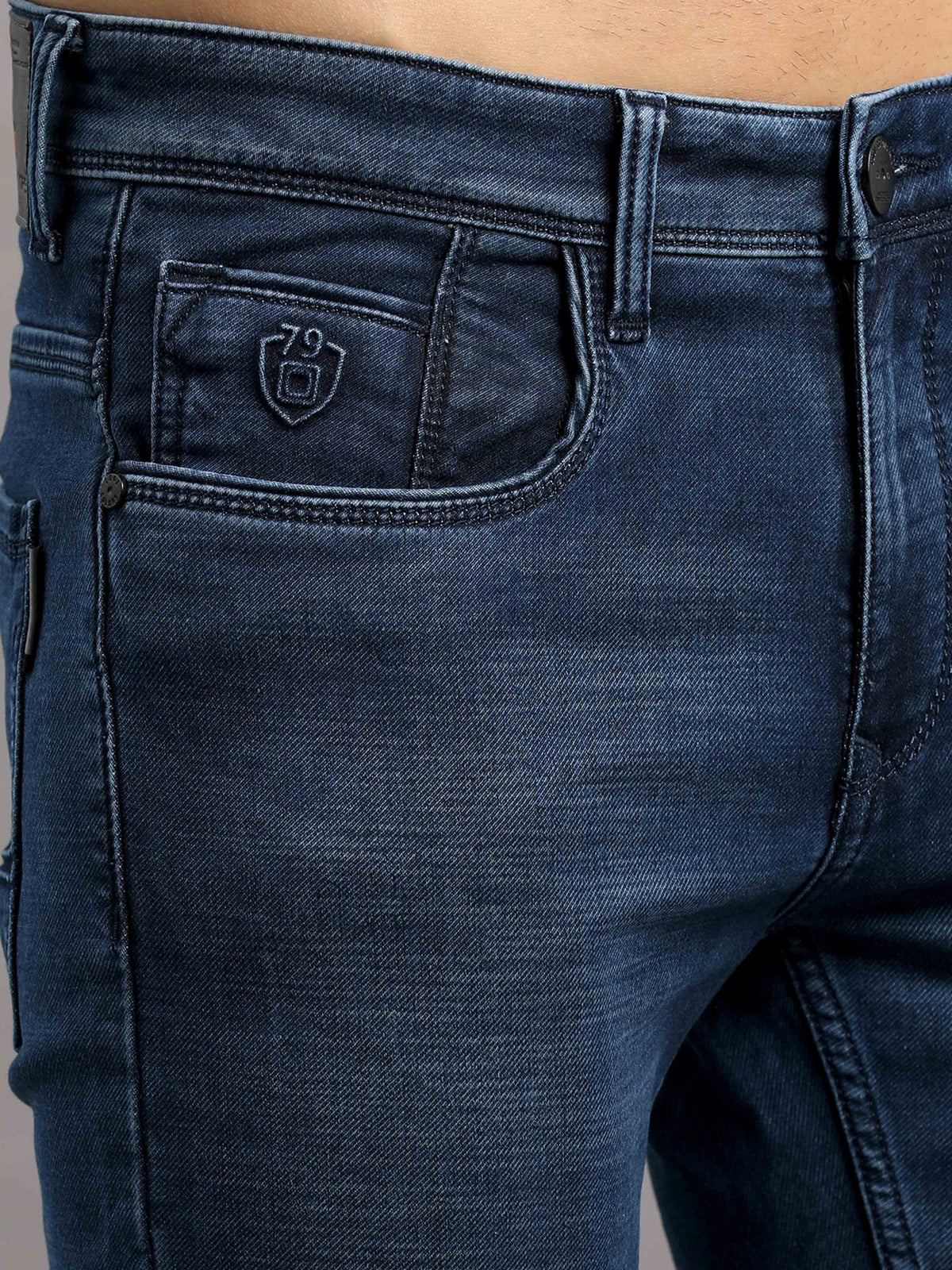 Shop Men's Indigo Blue Ankle fit Cotton Blend Denim Jeans Online.