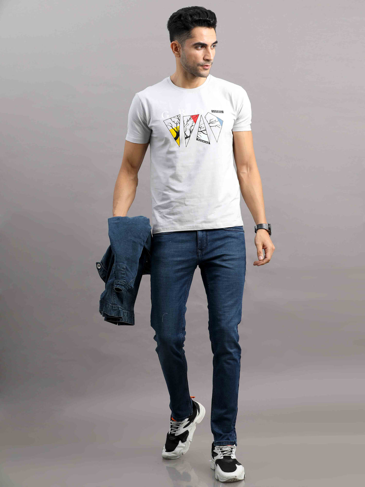 Shop Men's Indigo Blue Ankle fit Cotton Blend Denim Jeans Online.