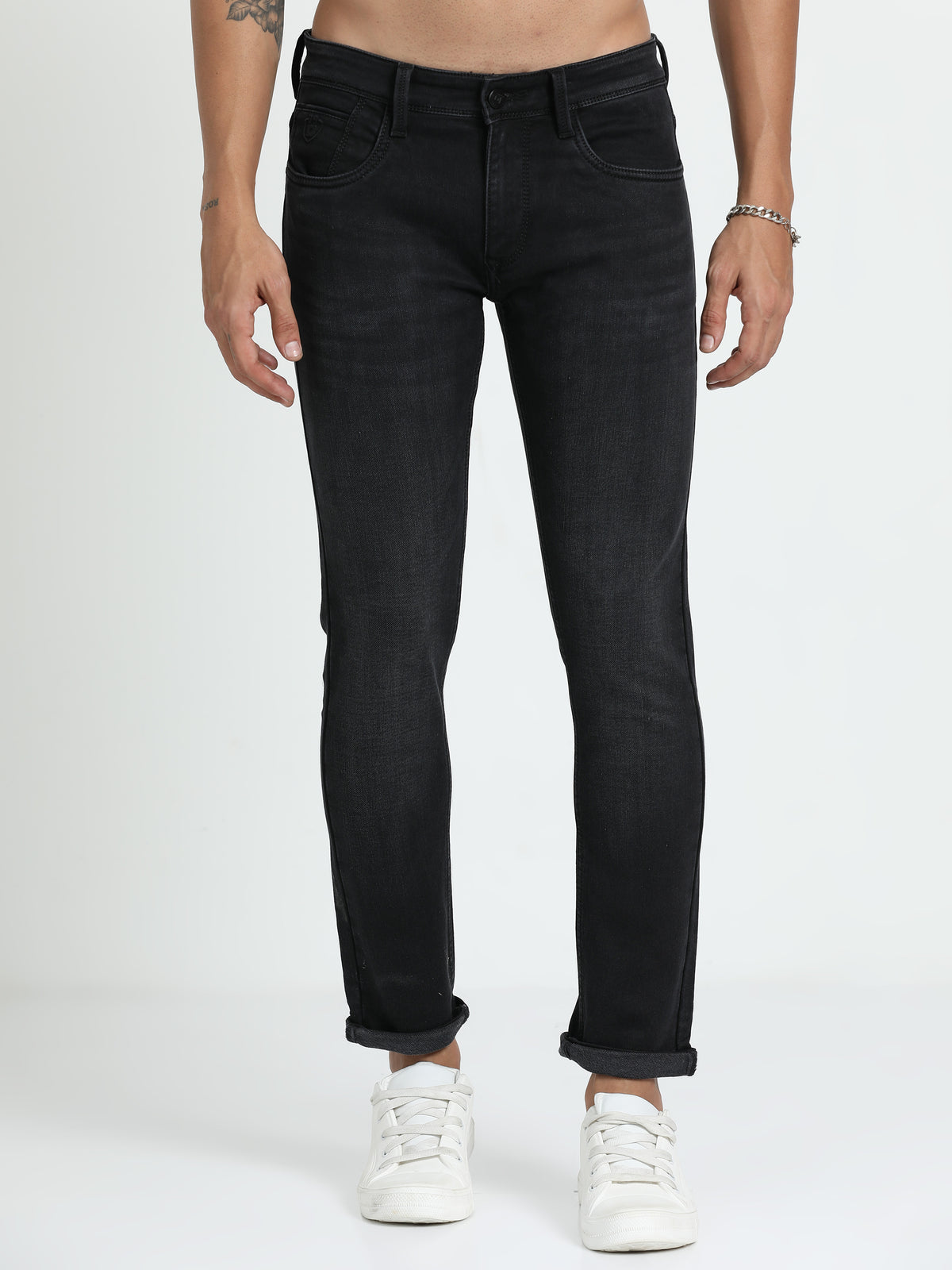 Men's Dark Grey Relaxed Denim Ankle fit Solid Jeans