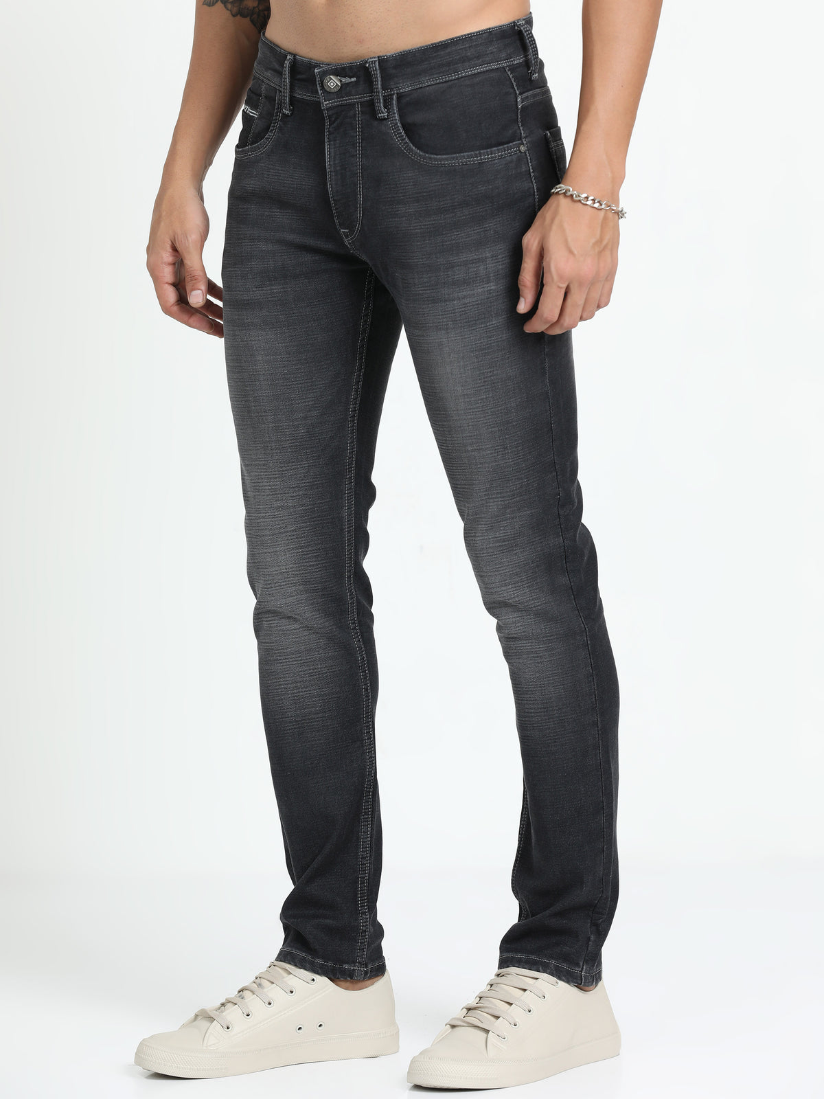 Shop Men's Dark Grey Relaxed Denim Ankle fit Cotton Blend Jeans Online.