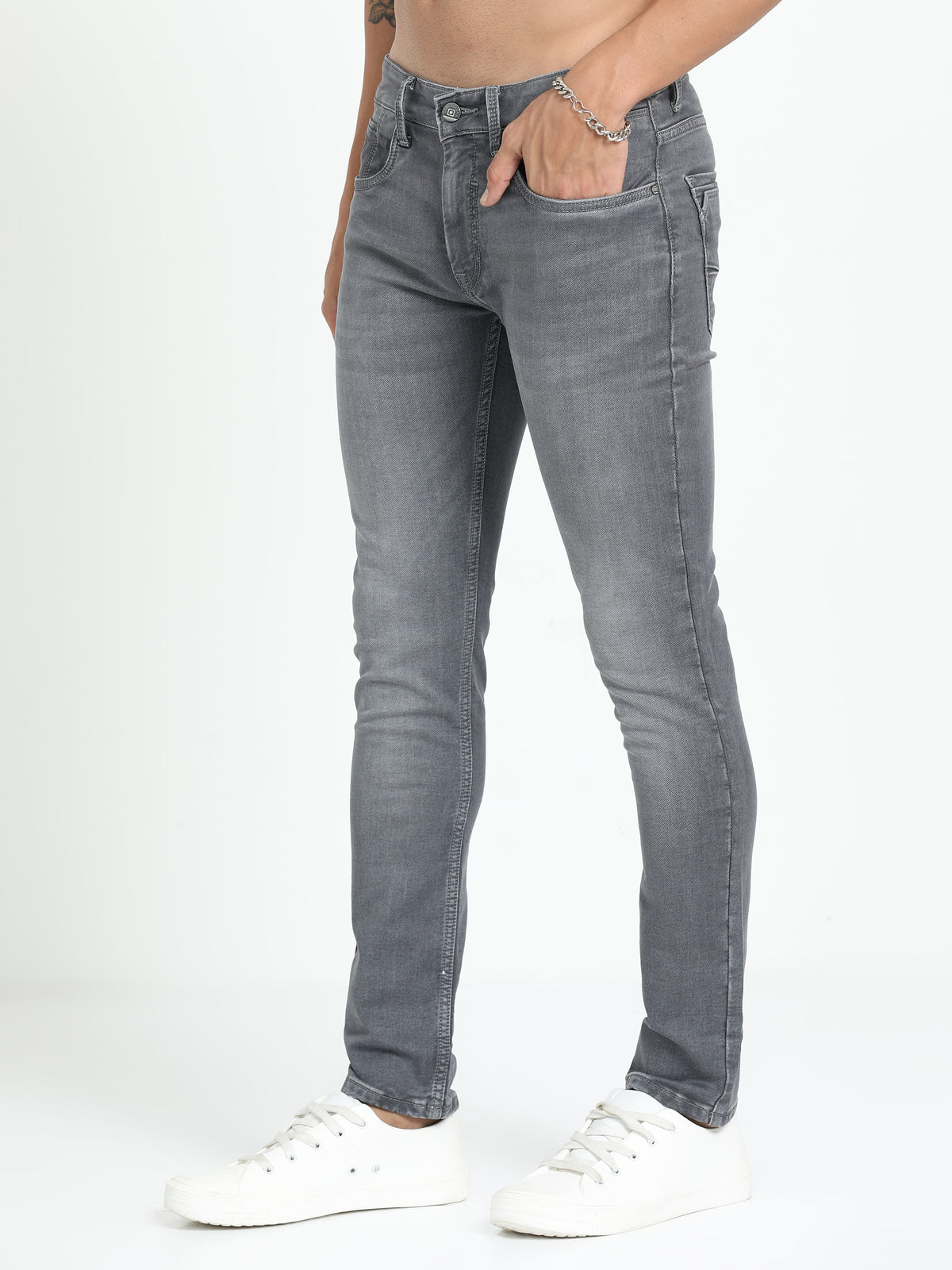 Shop Men's Light Grey Relaxed Denim Ankle fit Cotton Blend Jeans Online.