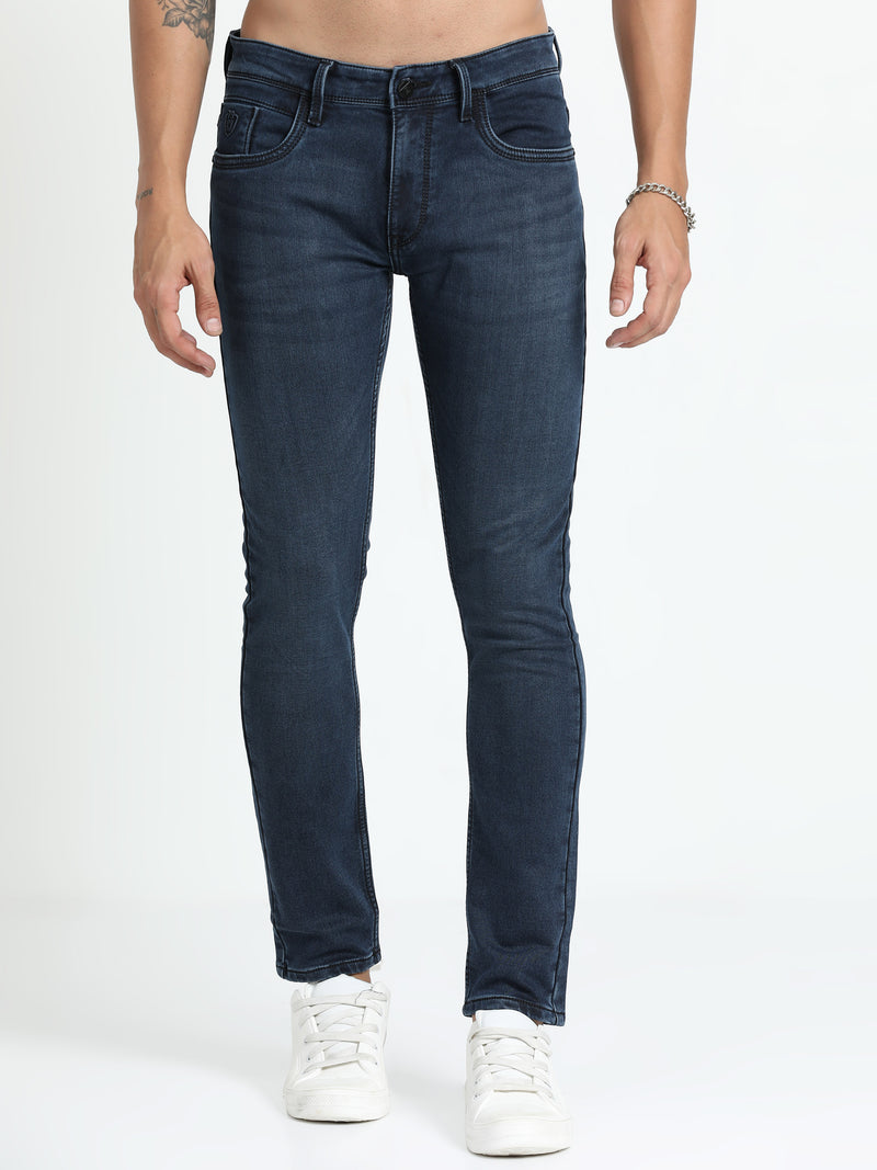 Shop Men's Dark Blue Relaxed Denim Ankle fit Cotton Blend Jeans Online.