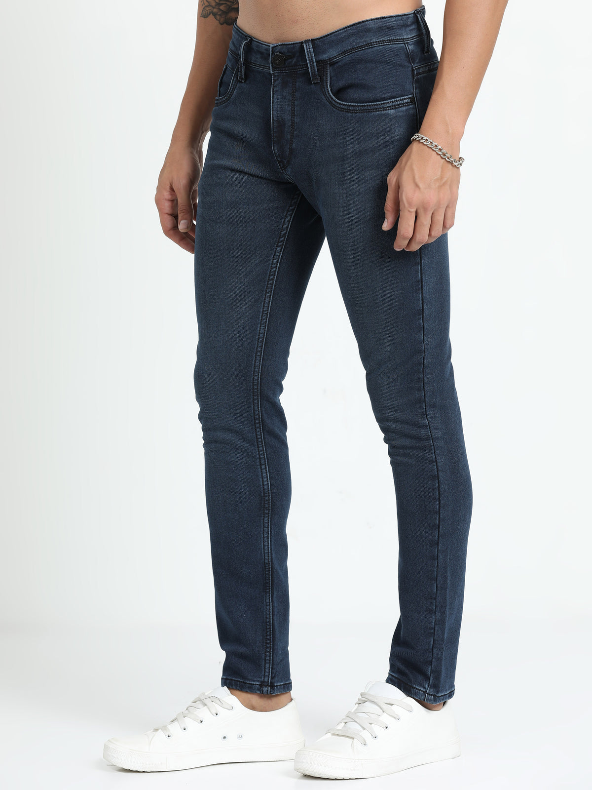 Shop Men's Dark Blue Relaxed Denim Ankle fit Cotton Blend Jeans Online.