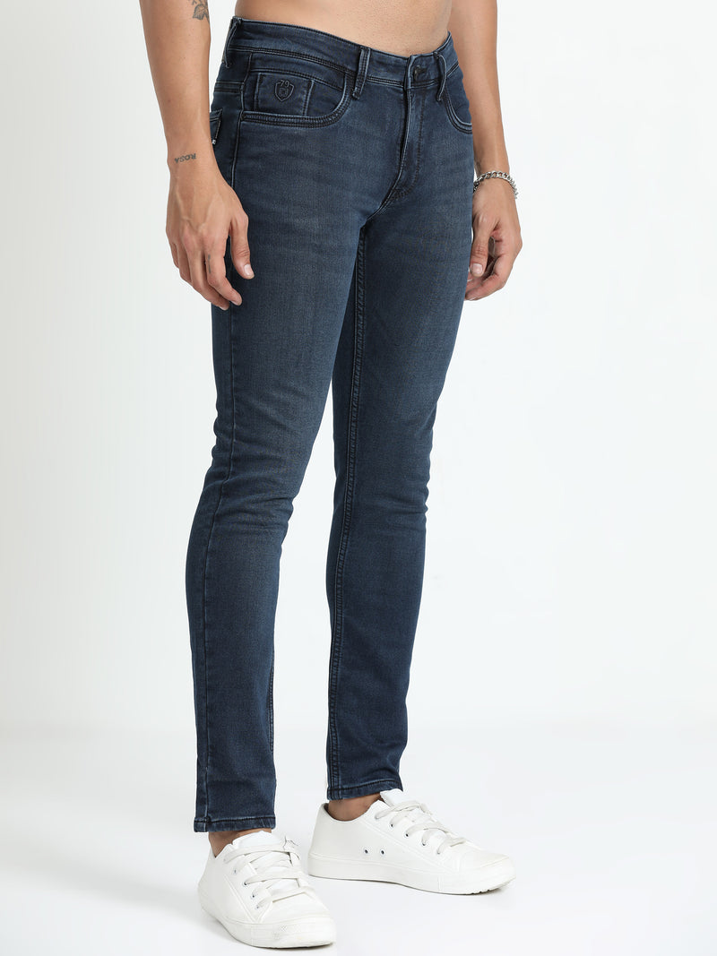 Shop Men's Dark Blue Relaxed Denim Ankle fit Cotton Blend Jeans Online.