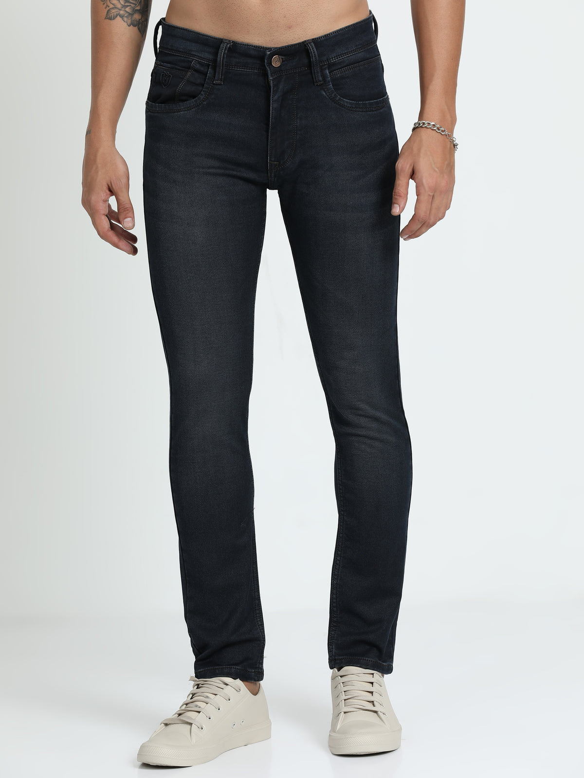 Shop Men's Dark Blue Relaxed Denim Ankle fit Cotton Blend Jeans Online.