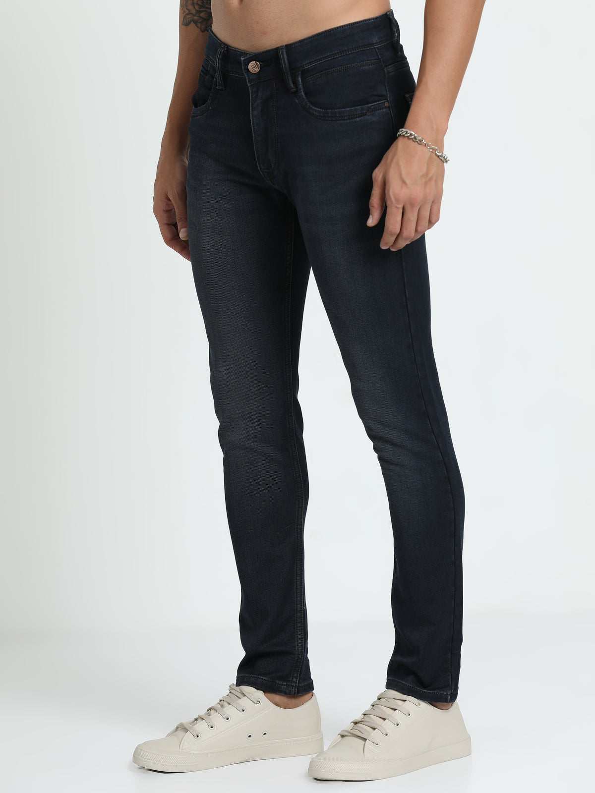 Shop Men's Dark Blue Relaxed Denim Ankle fit Cotton Blend Jeans Online.