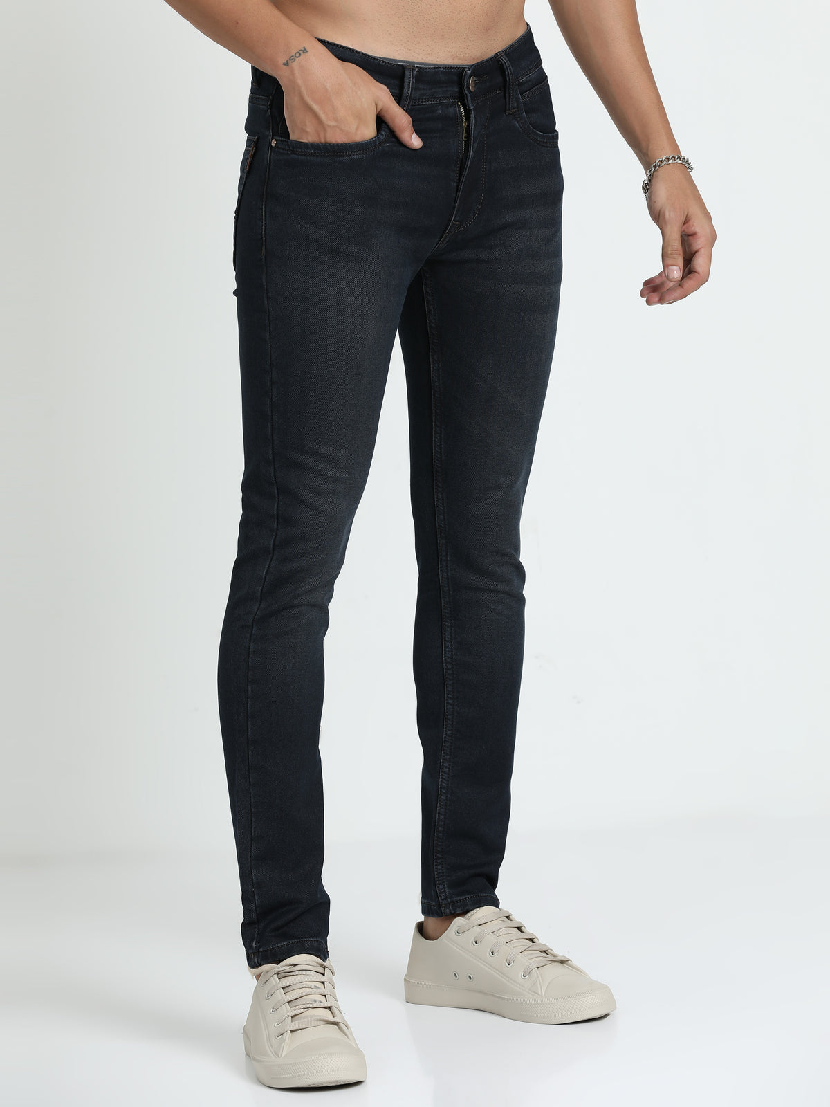 Shop Men's Dark Blue Relaxed Denim Ankle fit Cotton Blend Jeans Online.