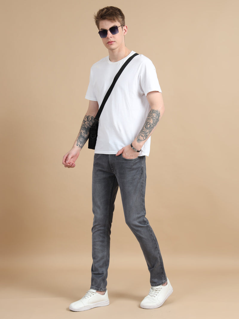 Men Dark Grey Solid Ankle Fit Stretchable Denim Jeans